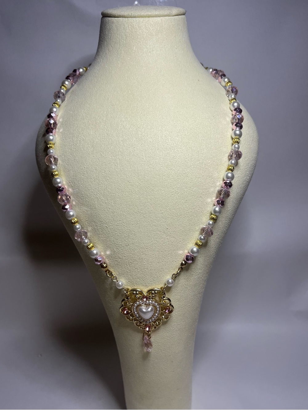 Handmade Delicate Gold Heart Bracelet with Pink Crystal Beads